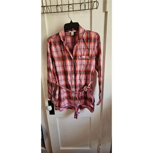 VICTORIAS SECRET Pink Red Silver PLAID FLANNEL PJ ROMPER button down belted Smal